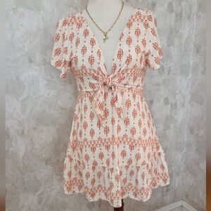 Maaji Boho Floral Mini Dress Small Tie Front Cream Orange Flowy Beach